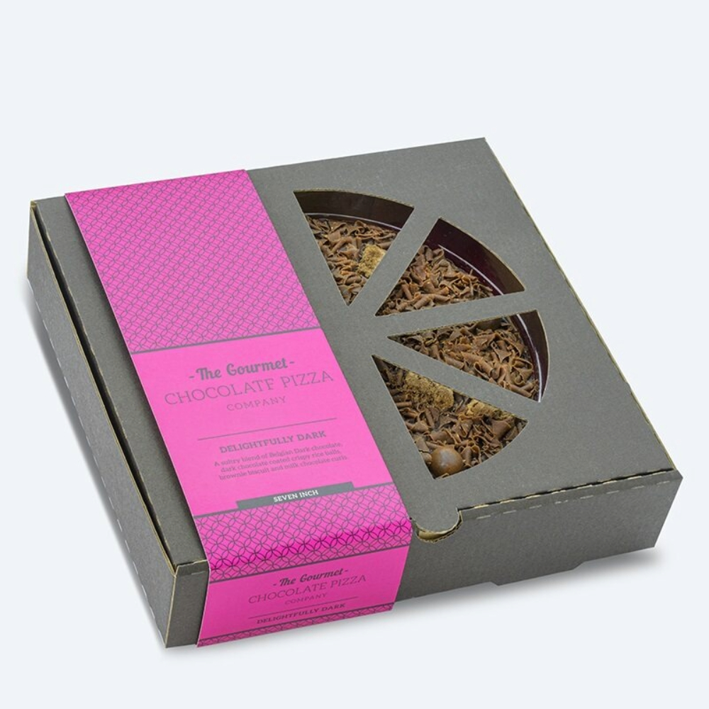 A pack shot of our Delightfully Dark Chocolate Pizza